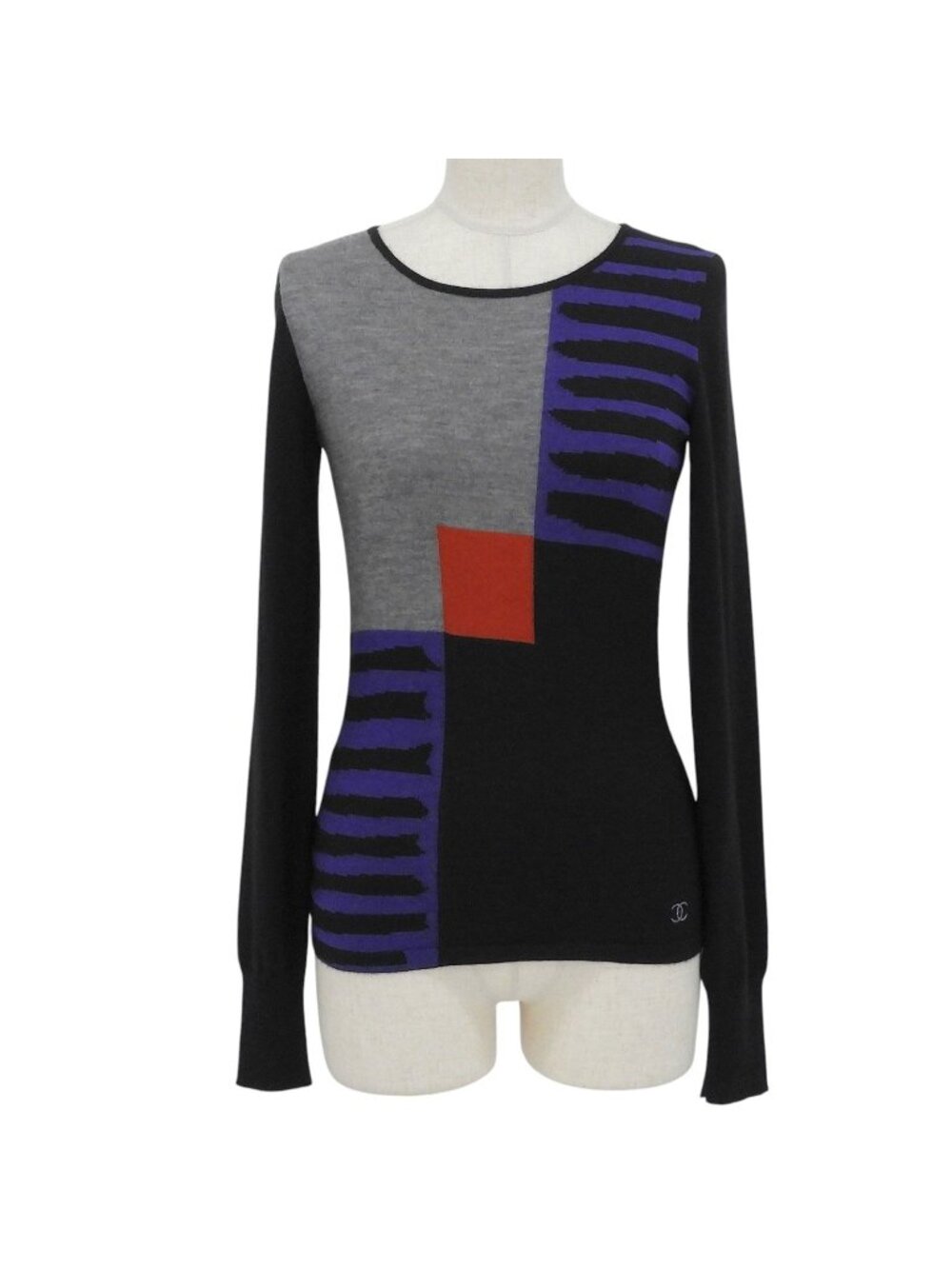 Chanel 08A Cashmere Silk CC Logo Embroidery Sweater Knit Black Gray Purple 34